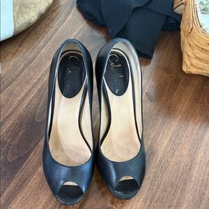 Cole Haan Black Leather Peep-Toe Heels